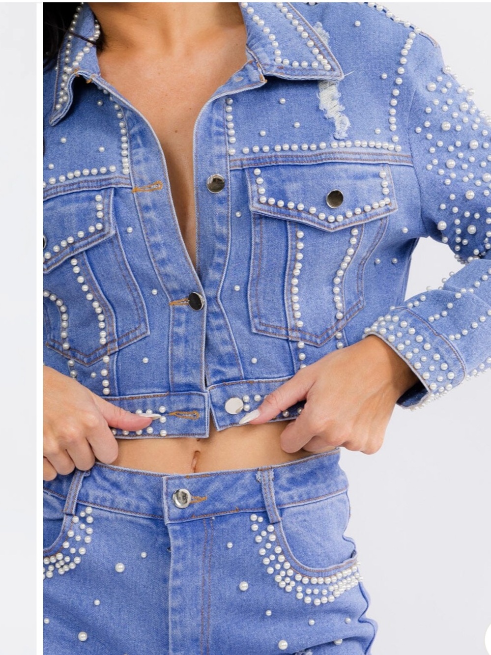 Pearl-Embellished Light Blue Wide-Leg Jeans & Matching Jacket...NWT - Picture 3 of 3